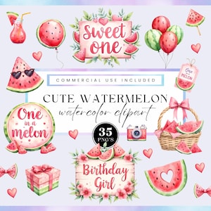 Melonfödelsedagsclipart, En i en melon PNG, Vattenmelon-clipart, första födelsedagsgrafik, akvarellgrafik, barnrumsdekor, kommersiellt bruk