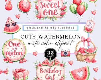 Melon birthday clipart, One in a melon PNG, Watermelon clip art, first birthday graphics, watercolor graphics, nursery decor, commercial use