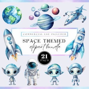 Könnte beinhalten: Ein Set mit 21 Aquarell-Clipart-Bildern zum Thema Weltraum. Die Bilder beinhalten Planeten, Raketen, Raumschiffe, Astronauten und Außerirdische. Die Bilder sind perfekt zum Erstellen von Einladungen, Karten, Partydekorationen und vielem mehr.