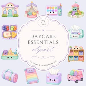 May include: A collection of 77 digital clipart illustrations featuring daycare items with smiling faces, including a building, tent, paint set, playground, lunchbox, wet wipes, sandbox, storage shelf, duffel bag, nap mat, tissue box, and stroller.
