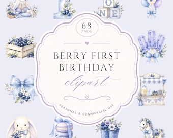 Berry First Birthday Clipart, Baby 1st Birthday Party Celebration, Pastel Watercolor Graphics, Cute Bunny Nursery Decor, For Commercial Use