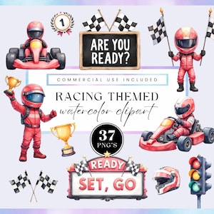 Op de afbeelding: Watercolor clipart set met een racethema. Bevat illustraties van go-karts, coureurs, geblokte vlaggen, trofeeën, een helm en een verkeerslicht. Tekst bevat "Are you ready?" en "Ready, Set, Go."