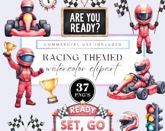 Red Racecar Clipart , Watercolor Racing Car PNG, Digital Download, Nursery Decor, Birthday Invite,Cute Racecar on a track for commercial use