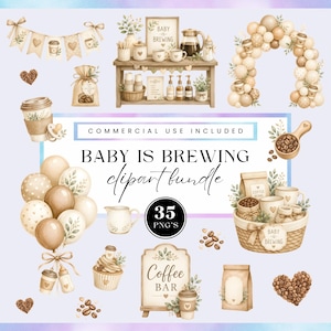 May include: A digital clipart bundle featuring coffee-themed baby shower illustrations. Elements include a coffee bar, balloon arches, bunting, coffee beans, a cupcake, a basket, and signs with the text Baby Is Brewing and Coffee Bar.