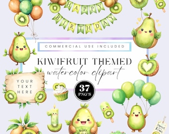 Anniversaire de fruit dansant PNG, graphiques aquarelles de kiwi, clipart mignon fruit vert d'été, décoration de chambre d'enfant 1er anniversaire, usage commercial