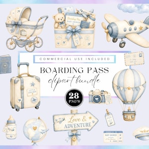 May include: A digital clipart bundle featuring watercolor illustrations of travel-themed baby items including a pram, a gift box, an airplane, a suitcase, a hot air balloon, a globe, a baby bottle, a camera, and a sign reading Love & Adventure.