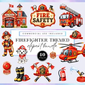Pode incluir: Um pacote de clipart digital com ilustrações temáticas de bombeiros, incluindo um quartel, um caminhão de bombeiros, um helicóptero, um filhote de dálmata, um bombeiro, capacetes, machados, um extintor, uma mangueira e um alarme.