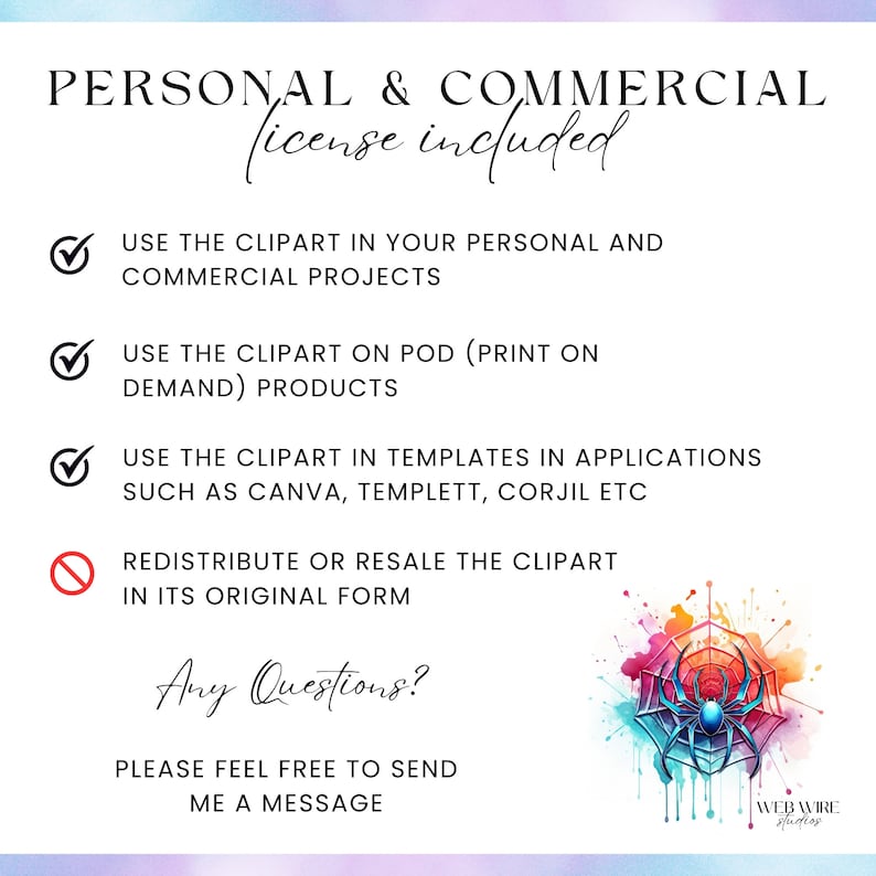 Pode incluir: Um gr&aacute;fico de arte digital com o texto "licen&ccedil;a PESSOAL e COMERCIAL inclu&iacute;da". A imagem lista os usos permitidos do clipart, incluindo projetos pessoais e comerciais, produtos POD e modelos. Um design de teia de aranha em aquarela est&aacute; no canto inferior direito.