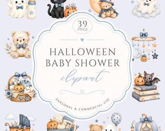 Halloween Baby Shower Clipart, Pastel Watercolor Boys Nursery Graphics, Spooky Cute Party Theme, Ghosts And Pumpkin Clip Art, Commercial Use