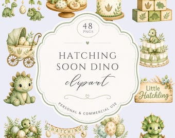 Hatching Soon Dino Clipart, Watercolor Baby Dinosaur PNG, Green Nursery Graphics, Cute Boy Party Graphics, Baby Shower Decor, Commercial Use