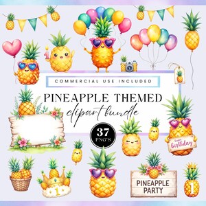 Può includere: Un pacchetto di clipart ad acquerello con varie illustrazioni di ananas. L'immagine include ananas con occhiali da sole, palloncini e una macchina fotografica. Il testo include "Pineapple Themed Clipart Bundle" e "Pineapple Party".