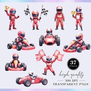 Pode incluir: Ilustra&ccedil;&otilde;es em aquarela de corridas de kart. A imagem apresenta m&uacute;ltiplas representa&ccedil;&otilde;es de pilotos de kart em macac&otilde;es e capacetes vermelhos, segurando bandeiras e trof&eacute;us e dirigindo karts. O texto diz "37 PNG's", "high quality" e "300 DPI TRANSPARENT PNGS".
