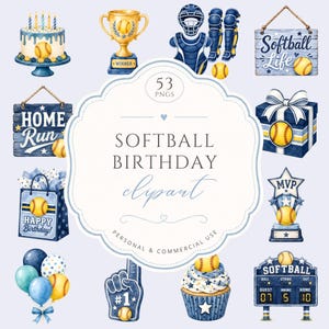 May include: A collection of softball-themed digital illustrations including a birthday cake, trophy, catcher gear, wooden signs with text, a gift box, a shopping bag, balloons, a foam finger, a cupcake, and a scoreboard with the text 53 PNGS.