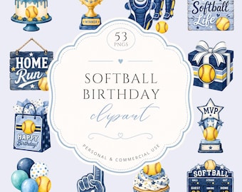 Softball Birthday Clipart Bundle, Blue Yellow Watercolor PNG, Sports Team Party Decor, Girl Boy Celebration, Home Run Sign, Commercial Use
