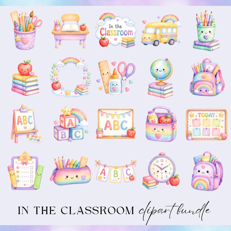 Classroom Clipart Bundle, Watercolor preschool clip art, Teacher PNG, School Supplies Graphics, Rainbow Kids Digital Art for Commercial Use image 2