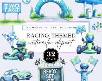 Two Fast Clipart, Birthday boy PNG blue & green, Watercolor Racing Car pack, Digital Download, Nursery Decor, Race car for commercial use