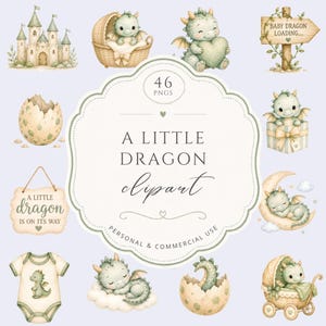 Può includere: Una collezione digitale di 46 illustrazioni in stile acquerello con draghetti, un castello, una carrozzina, una luna crescente, un body e cartelli con il testo A LITTLE DRAGON clipart, BABY DRAGON LOADING e A LITTLE DRAGON IS ON ITS WAY.
