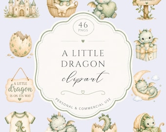 A Little Baby Dragon Clipart Bundle, Watercolor Pastel Nursery PNG, Cute Fantasy Hatchling Graphics, Baby Shower, Nursery Decor, Commercial