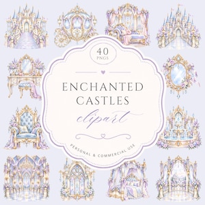 May include: A digital collection of 40 PNG files featuring illustrations of castles, carriages, ornate furniture, mirrors, and fountains in shades of lavender, gold, and white. The central text reads 40 PNGS ENCHANTED CASTLES clipart.