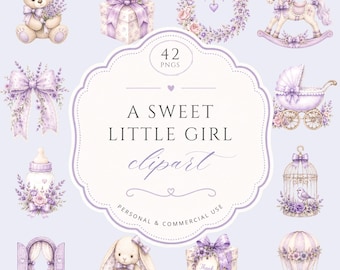 A Sweet Little Girl Baby Shower Clipart, Watercolor Lavendar, Nursery decor, Cute Baby Clothes PNG, Purple Floral Graphics, Commercial Use