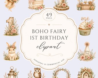Boho Fairy 1st Birthday Clipart, Soft Watercolor Pastel Graphics, First Birthday Celebration, Enchanted Garden For Nursery  Commercial Use