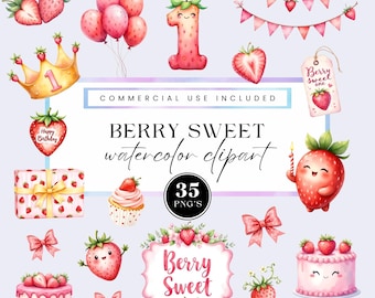 Imágenes prediseñadas de bebé dulce como una fresa, dulce fresa, gráficos para el primer cumpleaños, baby shower, gráficos de acuarela, decoración de guardería para uso comercial