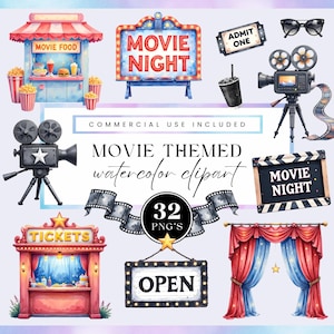 Op de afbeelding: Waterverf clipartset met filmthema's met een filmvoedselkraam, een "Movie Night"-bord, filmrollen, een vintage camera, kaartjes en een "Tickets"-kraam. Inclusief een "Open"-bord en rode en blauwe gordijnen.