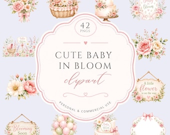 Baby in Bloom Clipart Bundle, Pink Floral Nursery PNG, Watercolor Baby Shower Graphics, Rustic Woodland Decor, Baby Girl Clipart, Commercial