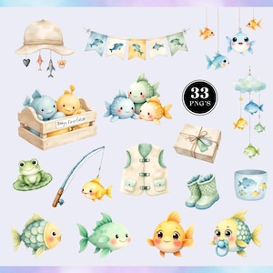 May include: Watercolor illustrations of baby-themed fishing elements. Includes a sun hat, banner, fish, a wooden crate with the text "Baby's First Catch", a fishing rod, a vest, a gift box, rain boots, and a cup.