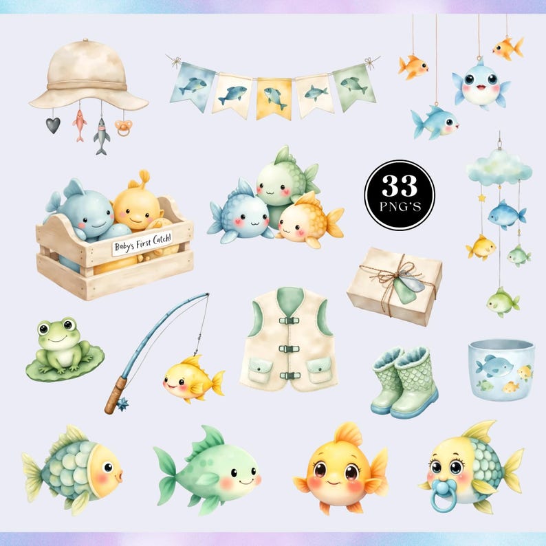 May include: Watercolor illustrations of baby-themed fishing elements. Includes a sun hat, banner, fish, a wooden crate with the text "Baby's First Catch", a fishing rod, a vest, a gift box, rain boots, and a cup.
