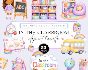 Klas clipartbundel, aquarel voorschoolse illustraties, leraar png, schoolbenodigdheden graphics, Rainbow Kids digitale kunst voor commercieel gebruik