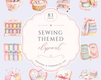 Pastel Sewing Clipart Bundle, Watercolor Pink Quilting Supplies, Cute Craft Room PNG Decor, Sewing Theme Scrapbook Graphics, Commercial Use