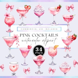 May include: Watercolor clipart featuring various pink cocktails, adorned with garnishes like strawberries, whipped cream, and flowers. The image includes text that reads "Pink Cocktails watercolor clipart" and "34 PNG's". Decorative pink bows are also present.