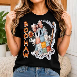ハロウィンのゴーストシャツ、ブーホーゴーストTシャツ、かわいい死神Tシャツ、不気味なハロウィンシャツ、パッチワークゴーストハロウィンギフト