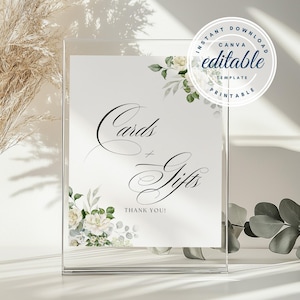 Letrero minimalista de eucalipto con rosas blancas para tarjetas y regalos, letrero de mesa editable e imprimible con vegetación, plantilla para boda en verde salvia.