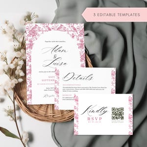 Arch Pink Toile de Jouy Wedding Invitation Set QR Code RSVP Chinoiserie Wedding Invite Suite Template Editable French Floral Vintage 5x7 DIY
