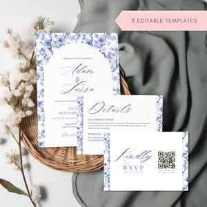 Arch Blue Toile de Jouy Wedding Invitation Set QR Code RSVP Chinoiserie Wedding Invite Suite Template Editable French Floral Vintage 5x7 DIY