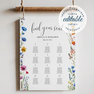 Plantilla de letrero con diseño de flores silvestres, señalización floral para recepción, plan de boda en acuarela, encuentra tu asiento editable