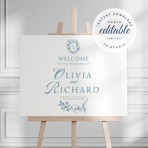 Elegant Dusty Blue Botanical Wedding Welcome Sign, Landscape Welcome Sign, Editable Monogram French Toile Wedding Welcome Sign Template