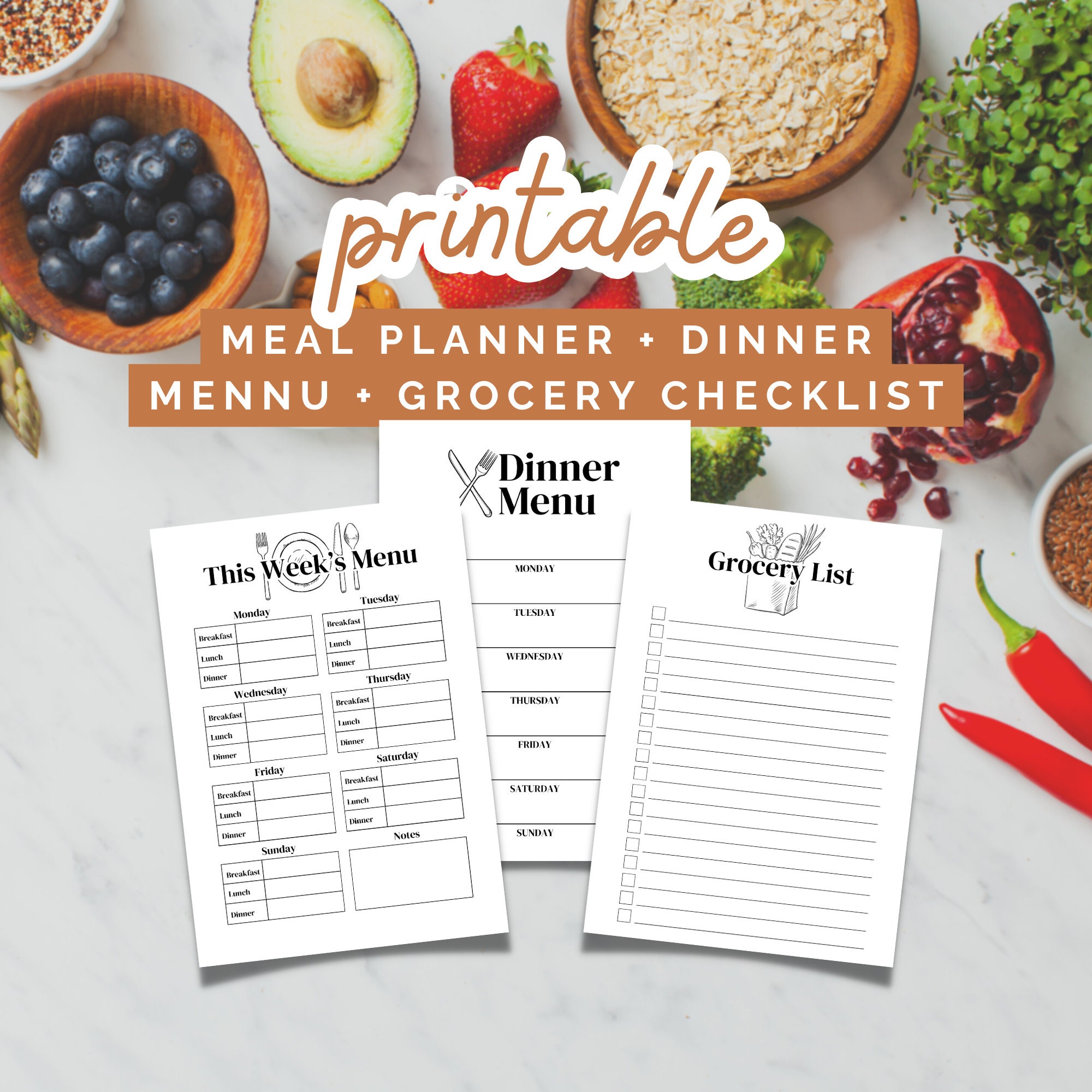 Printable Dinner Menu &amp; Meal Planner Printable Grocery - Etsy