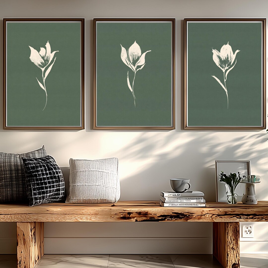 Sage Green Botanical Wall Art Set of 3 Printable, Minimalist Floral ...