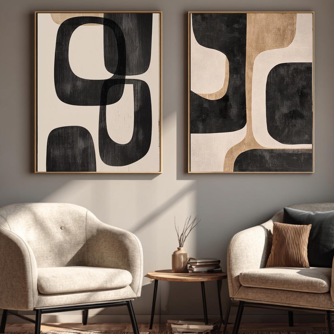 Mid Century Modern Wall Art Set of 2, Neutral Abstract Prints, Black ...