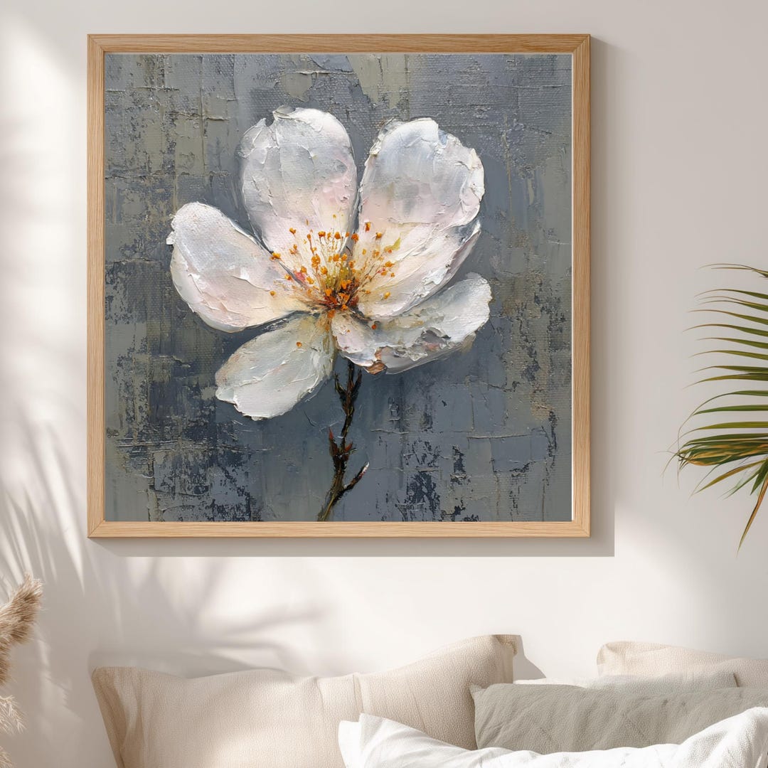 White Floral Abstract Wall Art, Neutral Flower Painting, Textured ...