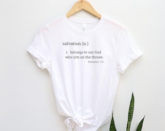 Camiseta unisex cristiana, camiseta La salvación pertenece a Apocalipsis 7:10, camiseta religiosa, ropa bíblica, ropa de fe, camiseta inspiradora