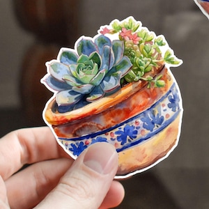 May include: Two watercolor illustrations of succulent plants in terracotta pots with blue and white painted designs. The pots are round and have a slightly textured surface.