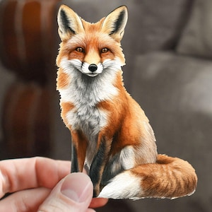 May include: A red fox with white fur on its chest and belly is sitting with its tail curled around its body. The fox has a black nose and black eyes.