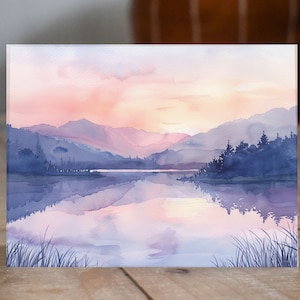 Sunset Glow, Watercolor Mountains, Lake Reflection, Evening Serenity Note Card Greeting, Thank You, All Occasion, Birthday Card, Invitations