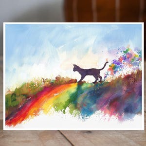 Rainbow Bridge Cat, Pet Loss Sympathy, Colorful Watercolor, Comforting Note, Watercolor Greeting Card