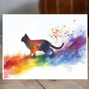 Rainbow Bridge Fluffy Cat, Pet Loss Sympathy, Comforting Note, Watercolor Greeting Card