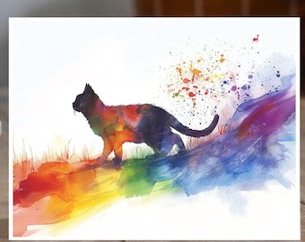 Rainbow Bridge Fluffy Cat, Pet Loss Sympathy, Comforting Note, Watercolor Greeting Card